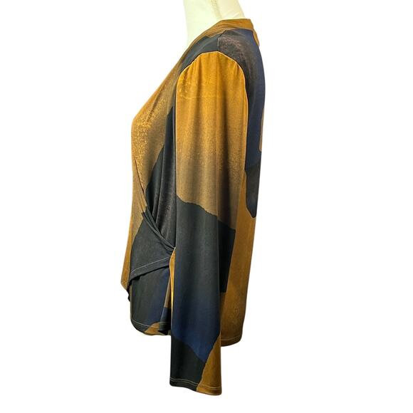 Clara Sun Woo Top Crossover Faux Wrap Size Large Mustard Navy Long Sleeve Work - Picture 5 of 9